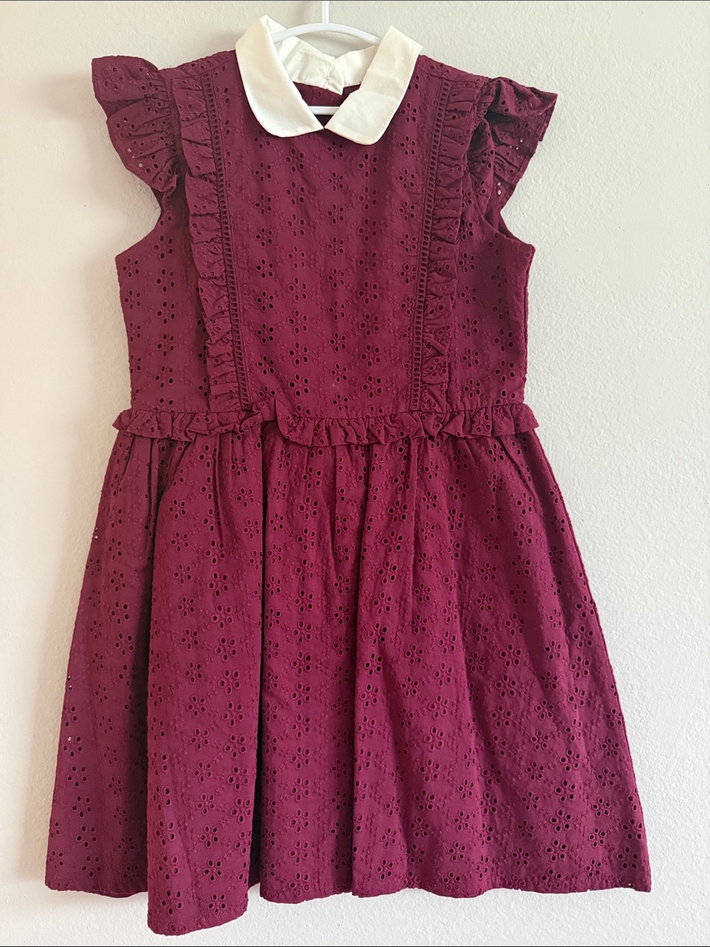 Girls' Burgundy Eyelet Dress with White Peter Pan Collar